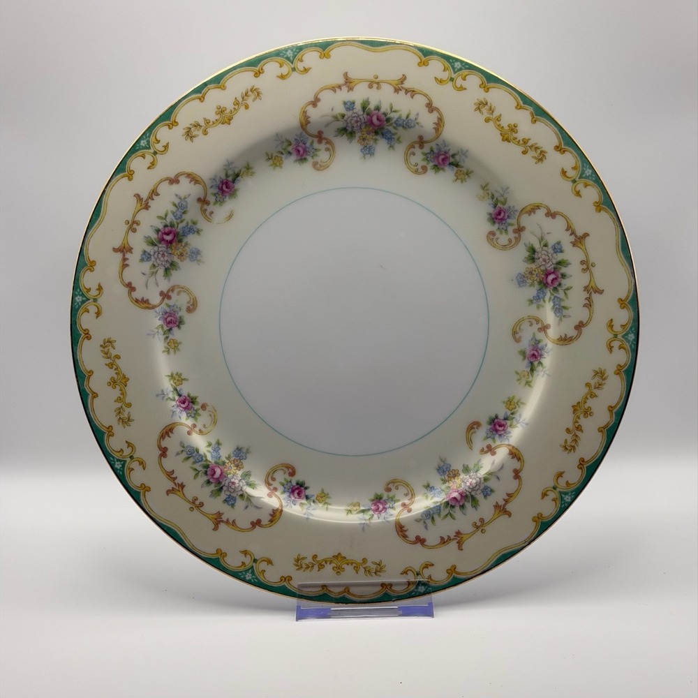 4 Vintage Noritake Dinner Plates Set Floral Gold Trim Green‎ Rim Japan N238 10"